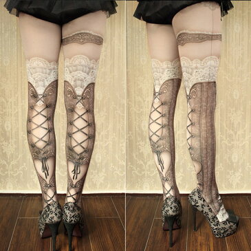 アビエタージュ abilletage 柄タイツ ゴシック デザインタイツ Corset tights Victorian brown　コルセットタイツ ヴィクトリアン ブラウン　80デニール ダブルレース ブラック　タイツ 柄 コスチューム 原宿