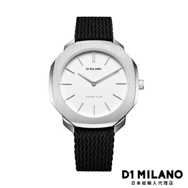 D1 MILANO 日本総輸入代理店 腕時計 メンズ ブランド D1ミラノ ディーワンミラノ 時計 スーパースリム シルバー w/ ブラック ナイロンベルト 薄型 防水