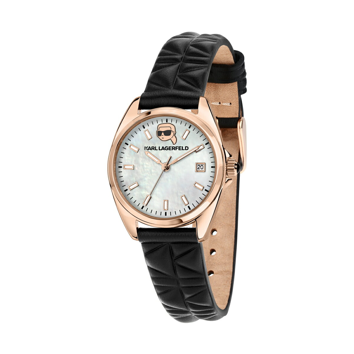 カールラガーフェルド ラウンド エッセンシャル ホワイト MOP ローズゴールド アイコン ダイヤル ブラック レザー メンズ レディース ウォッチ KARL LAGERFELD