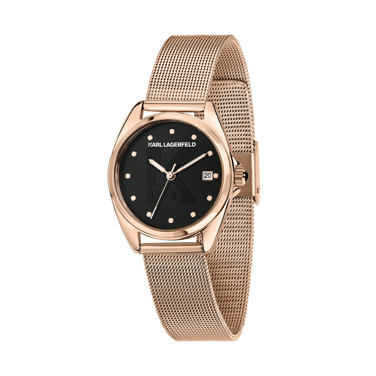 カールラガーフェルド ラウンド エッセンシャル ブラック サンレイ シグネチャー ダイヤル ローズゴールド メッシュ メンズ レディース ウォッチ KARL LAGERFELD