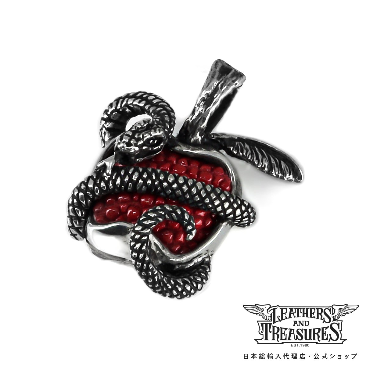 [公式] Leathers and Treasures ブランド ネックレス メンズ アクセサリー ペンダント シルバー - スモールテンプテーションフォビドゥンフルーツインレイペンダント w/スネーク w/スティングレイ/レッド レザトレ レザーズアンドトレジャーズ