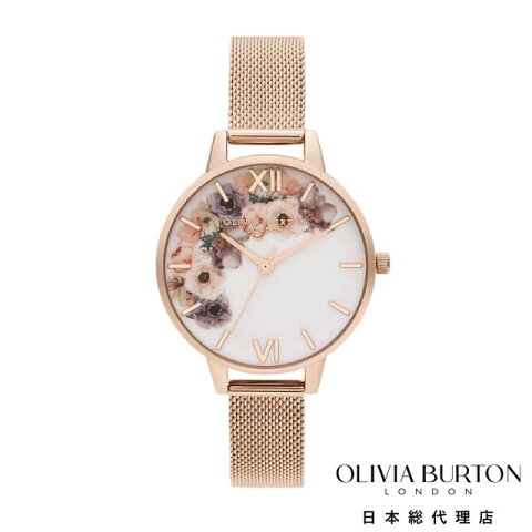 オリビアバートン レディース 時計 Olivia Burton 腕時計 ウォーターカラーフローラルズ パール ローズゴールドメッシュ