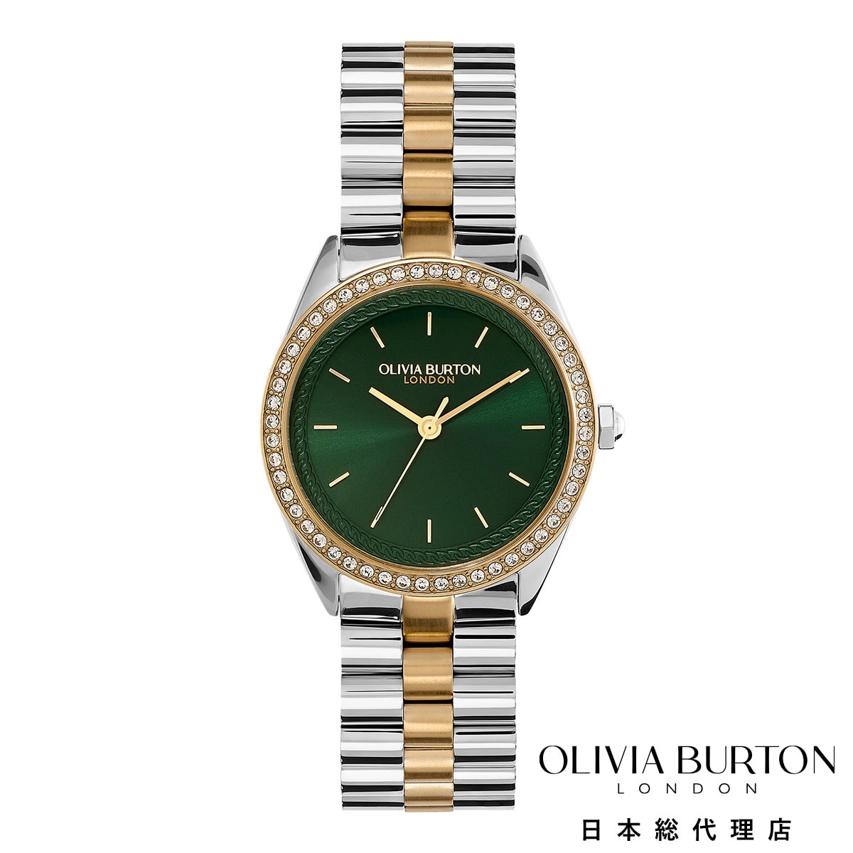 オリビア・バートン スポーツ リュクス - 34mm ビージュエルド クリスタル グリーン シルバー＆ゴールド OLIVIA BURTON レディース 腕時計