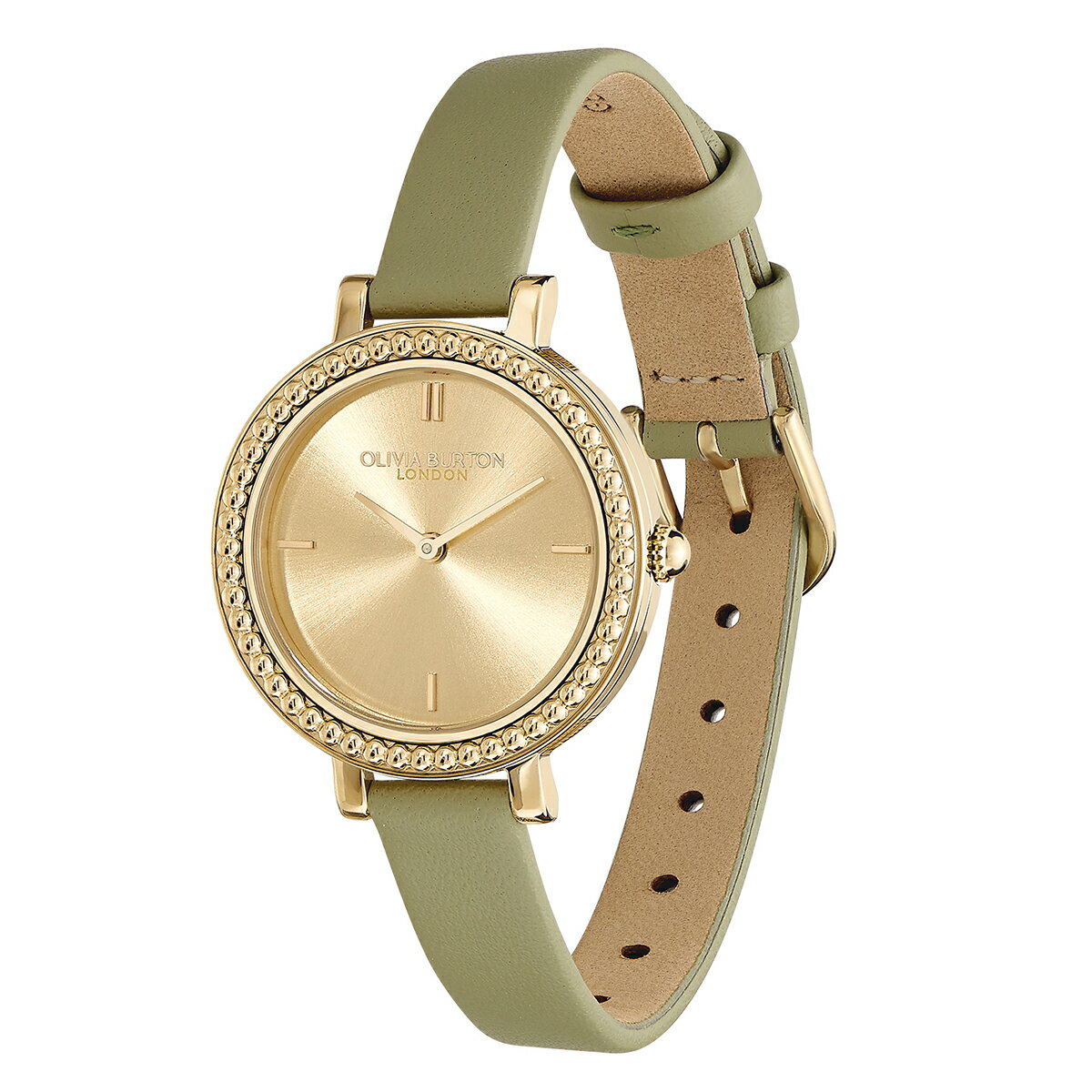 オリビア・バートン クラシックス - 30mm ヴィンテージ ビーズ ライト ゴールド サンレイ セージ グリーン レザー レディース ウォッチ OLIVIA BURTON
