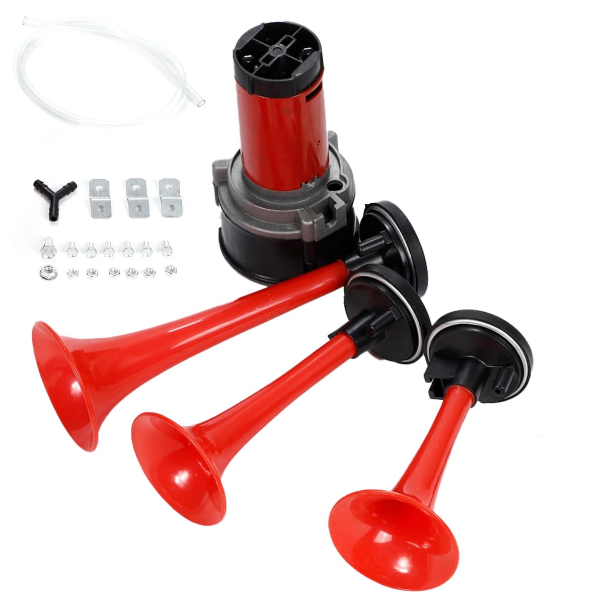 3連ラッパ エアホーン ヤンキーホーン 赤 レッド パラリラ ミュージックホーン 12V車用 汎用 改造 3連エアホーン コンプレッサー付き