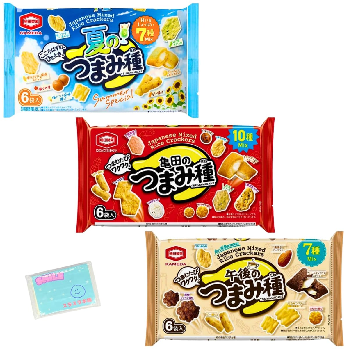 Monolog Style 亀田製菓 つまみ種 3種類食べ比べセット 【(1)亀田 120g (2)午後 95g (3)夏 90g 】 各種1袋ずつ 合計3袋セット ★スラスラ本舗オリジナルポケットティッシュ付き★のサムネイル