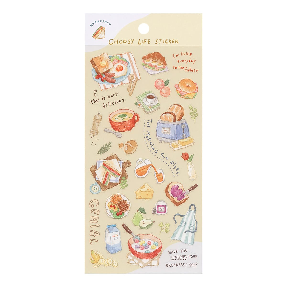 品番：82160 ボールペンで描いたようなタッチのイラストシールです。。ラフな塗りや文字が特徴で手書き文字と相性抜群。ダイアリーやノートのデコにおすすめのシールです。。。・素材:透明PET、マットニス。。サイズ：縦=200mm　横=90mm　。商品色傾向：ベージュ。。イラスト。表紙パターン：パン。