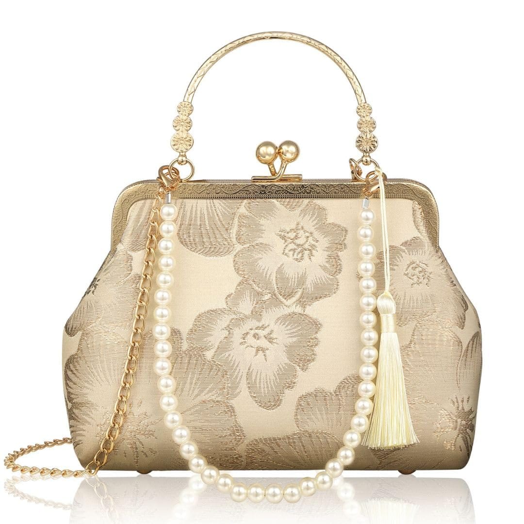 [Nomadra] 結婚式 ウェディング バッグ 袴 着物 クラッチバッグ レディース 卒業式 がま口 エレガント クラシック ハンドバッグ パール装飾付き 花柄刺繍 ゴールドチェーン アイボリー タッセル付き