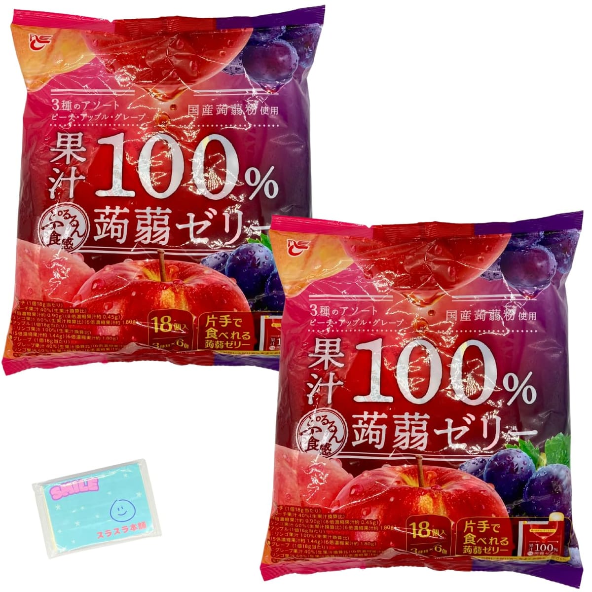 エースベーカリー 果汁100%蒟蒻ゼリー 18個入り ×2袋セット ★スラスラ本舗オリジナルポケットティッシュ付き★