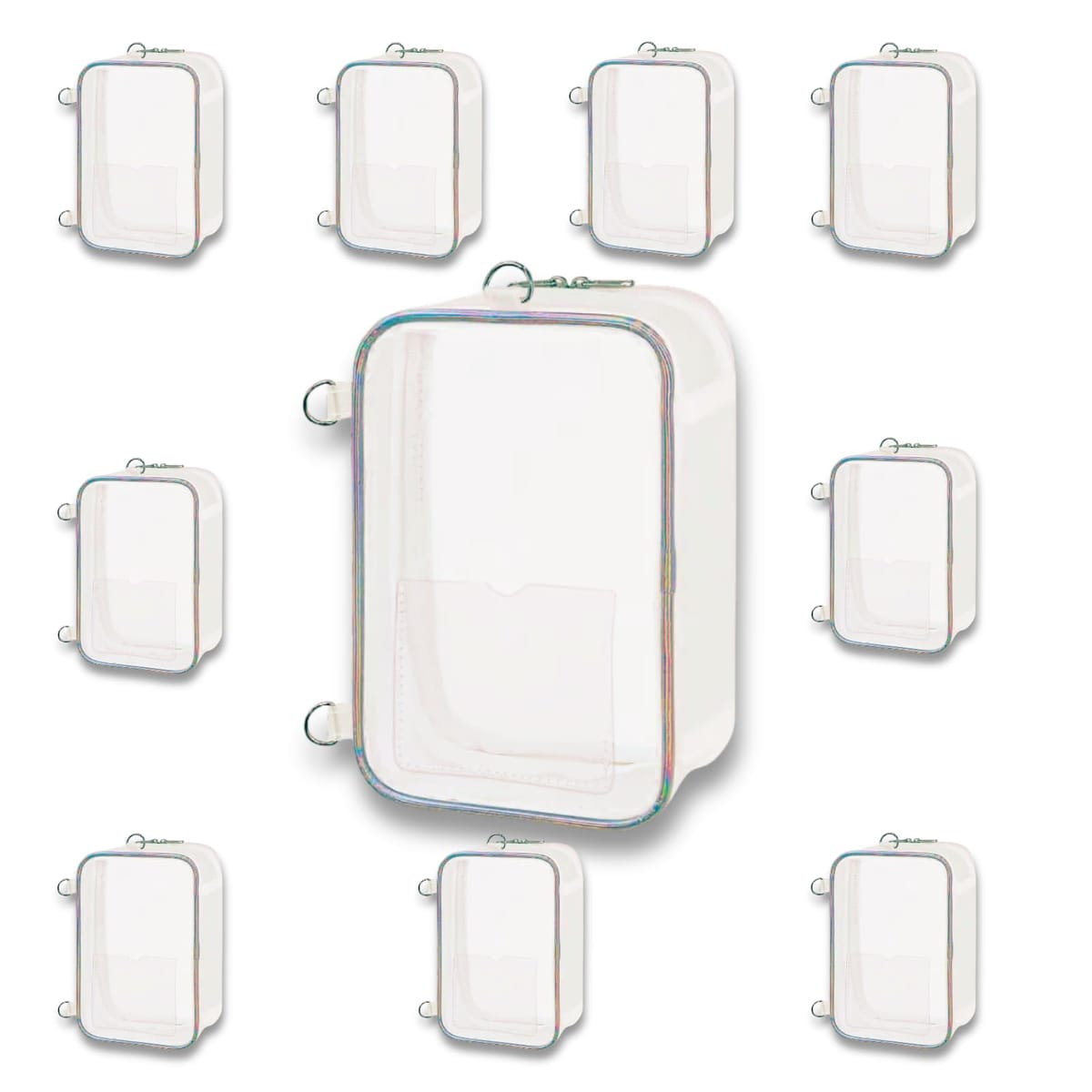 商品名：推しぬいポーチ 大サイズ数量：10個セット外寸サイズ：約 H200 × W130 × D50mm対応サイズ：20cmドール対応材質：PVC（透明）カラー：オーロラメーカー：カミオジャパン用途：ぬい活、展示、イベント販売、撮影、小物収...