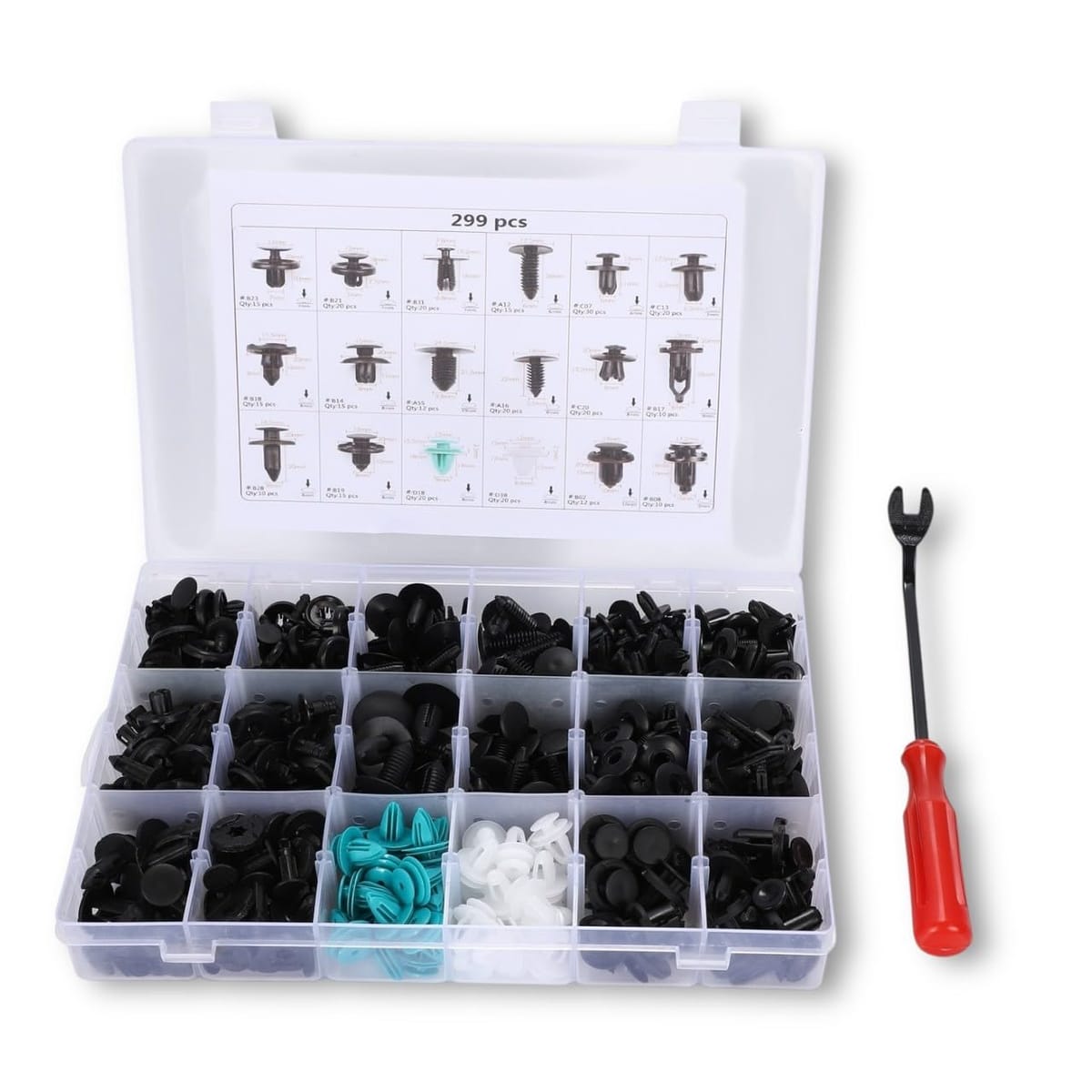 Kanoan プッシュリベット 自動車 用 リベット 18種 299個 トヨタ 日産 三菱 ホンダ スバル マツダ 等 適合 リベットセット プラスチック製 ナイロン 内張りはがし 工具 フェンダー バンパークリップ 押し込み式 固定用アンダーカバー タ