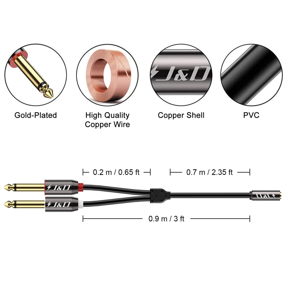 J&D 3.5 mm - 2 x 6.35 mm �����֥� ���å� Ƽ������ ���ѵ� 3.5mm 1/8����� �᥹ TRS - 2X 6.35mm 1/4����� ���� TS���ƥ쥪�����ǥ��������ץ��������֥� iPhone ����� 3�ե�����