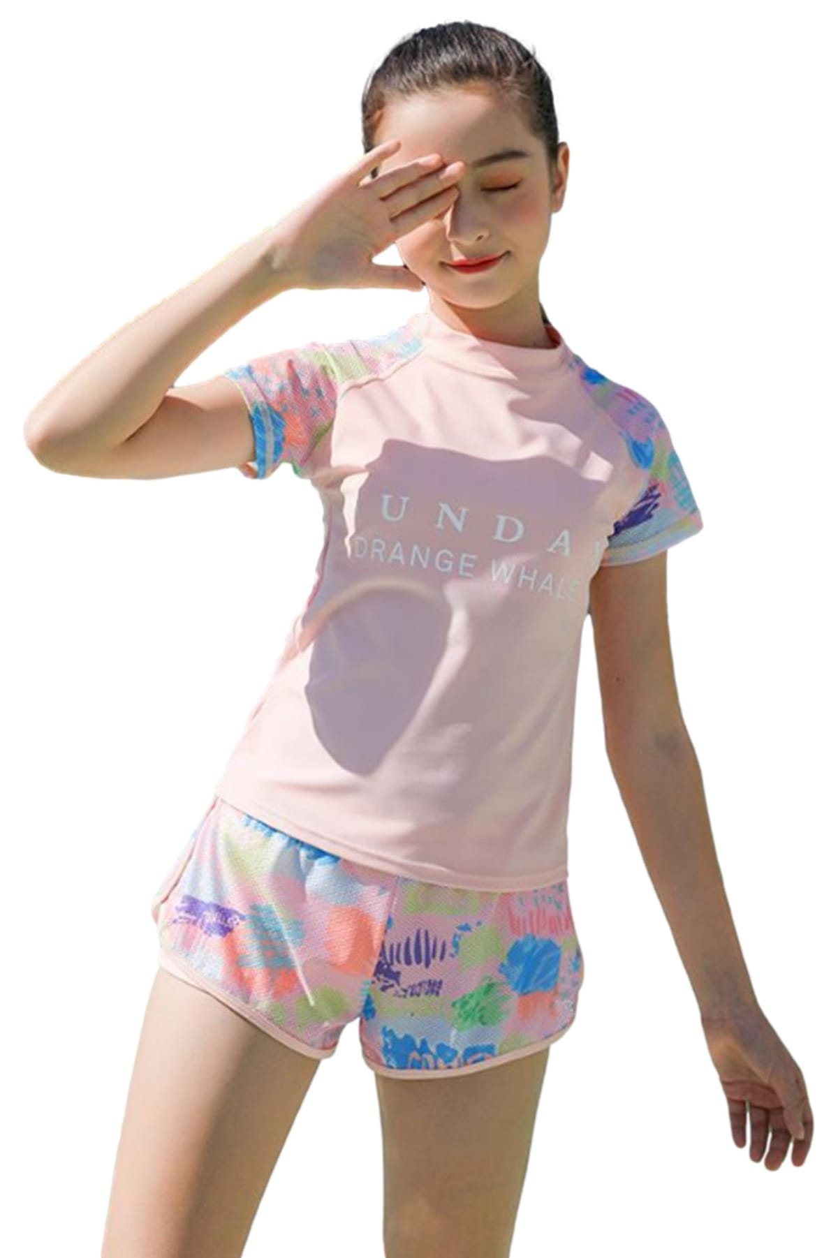 [SLOW＆MELLOW] ラッシュガード 女の子 ガールズ 水着 半袖 レディース トロピカル パステルカラー 可愛い ショートパンツ パッド付き 海水浴 プール インナー 付き 2カラー