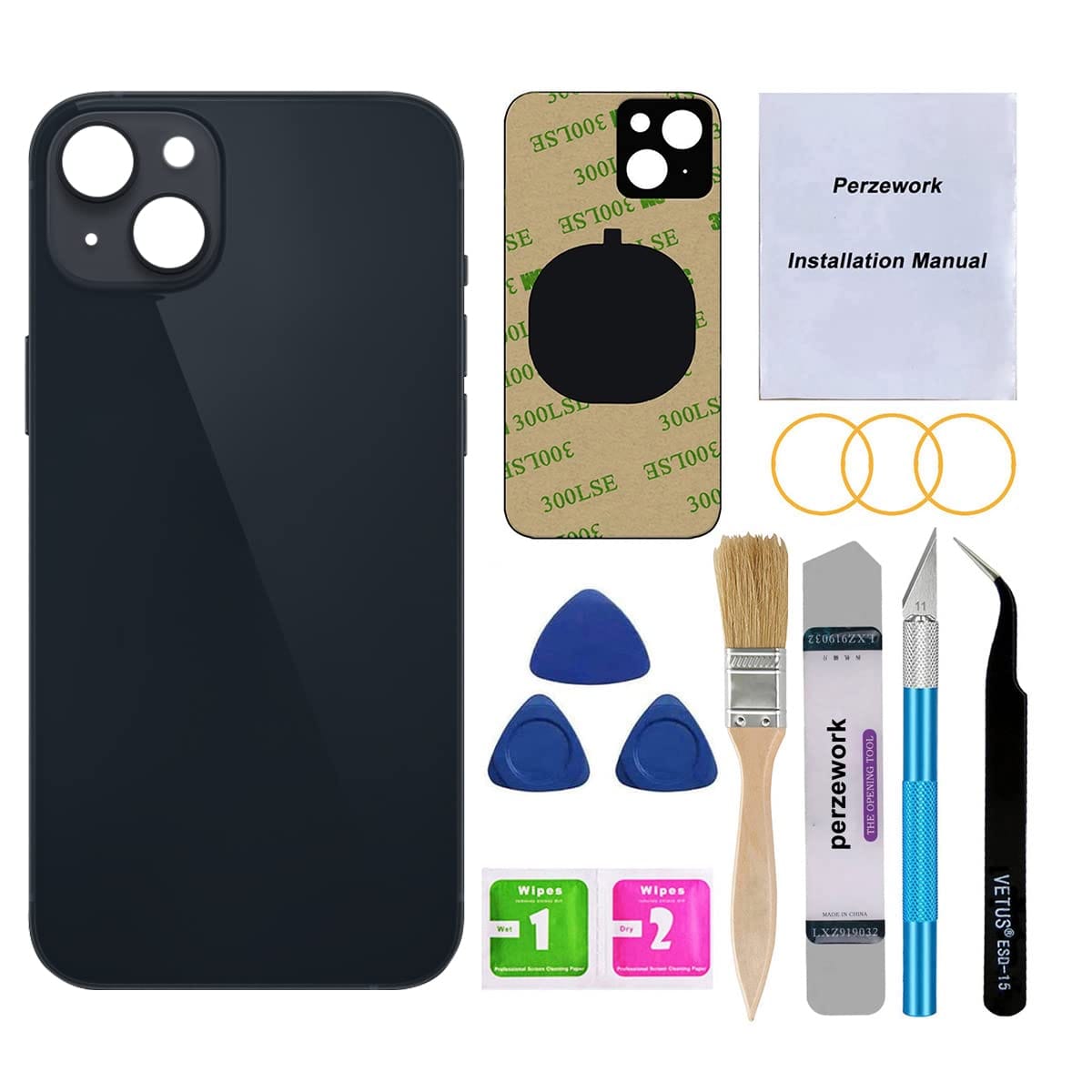 Perzework OEM リアバックガラス 交換用 iPhone 14 Plus 6.7インチ 修理ツールキット付き (ミッドナイトブラック)