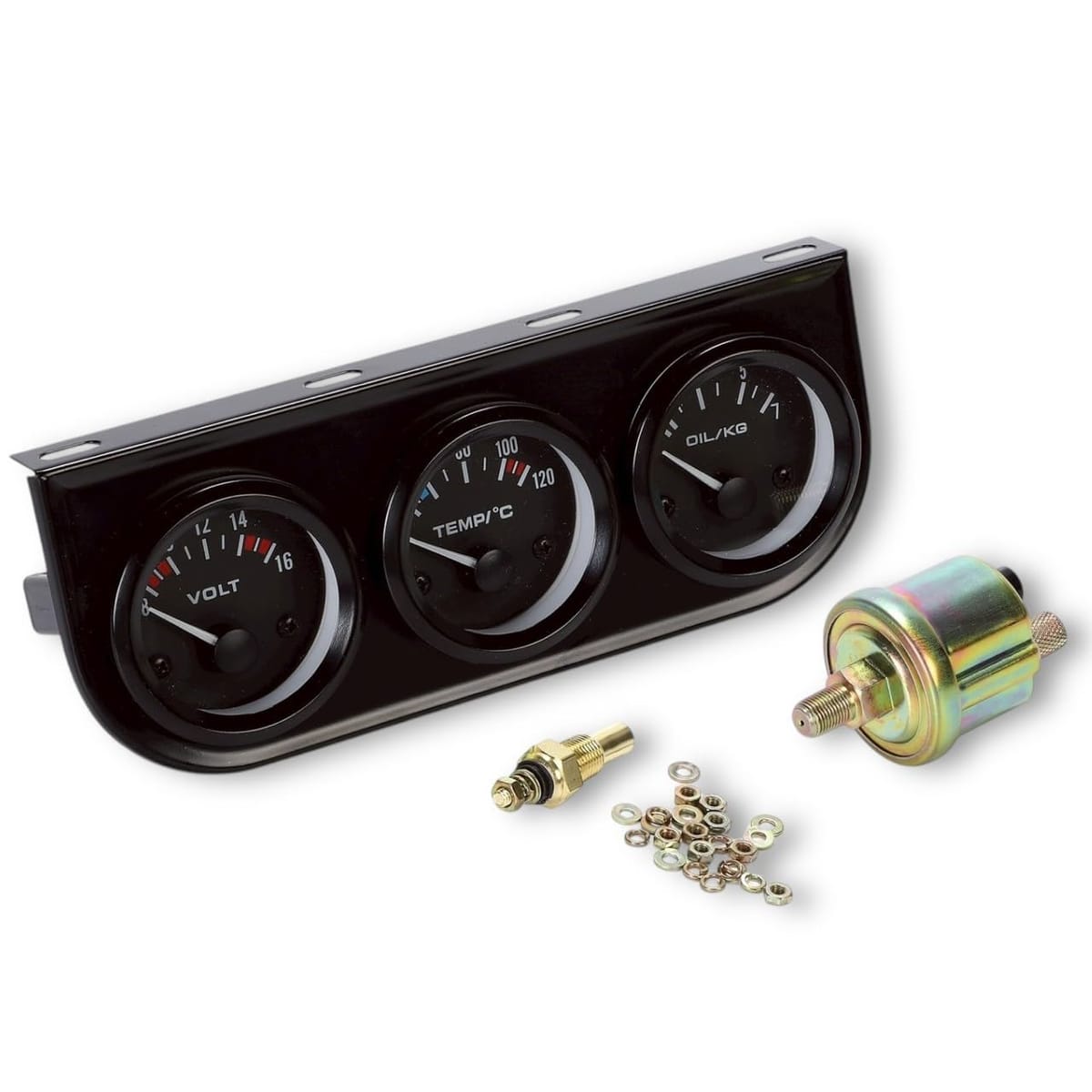 Kanoan トリプルゲージ キット 車用 12V 電圧計 油圧計 水温計 3連 メーター 追加メーター ボルトメーター 水温ゲージ オイルゲージ 52mm 3連メーター 汎用 社外品
