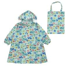 [kids foret] レインコート キッズ 子供 男の子 通園 通学 ランドセル対応 撥水加工 恐竜 働く車 収納バッグ (GR, L)