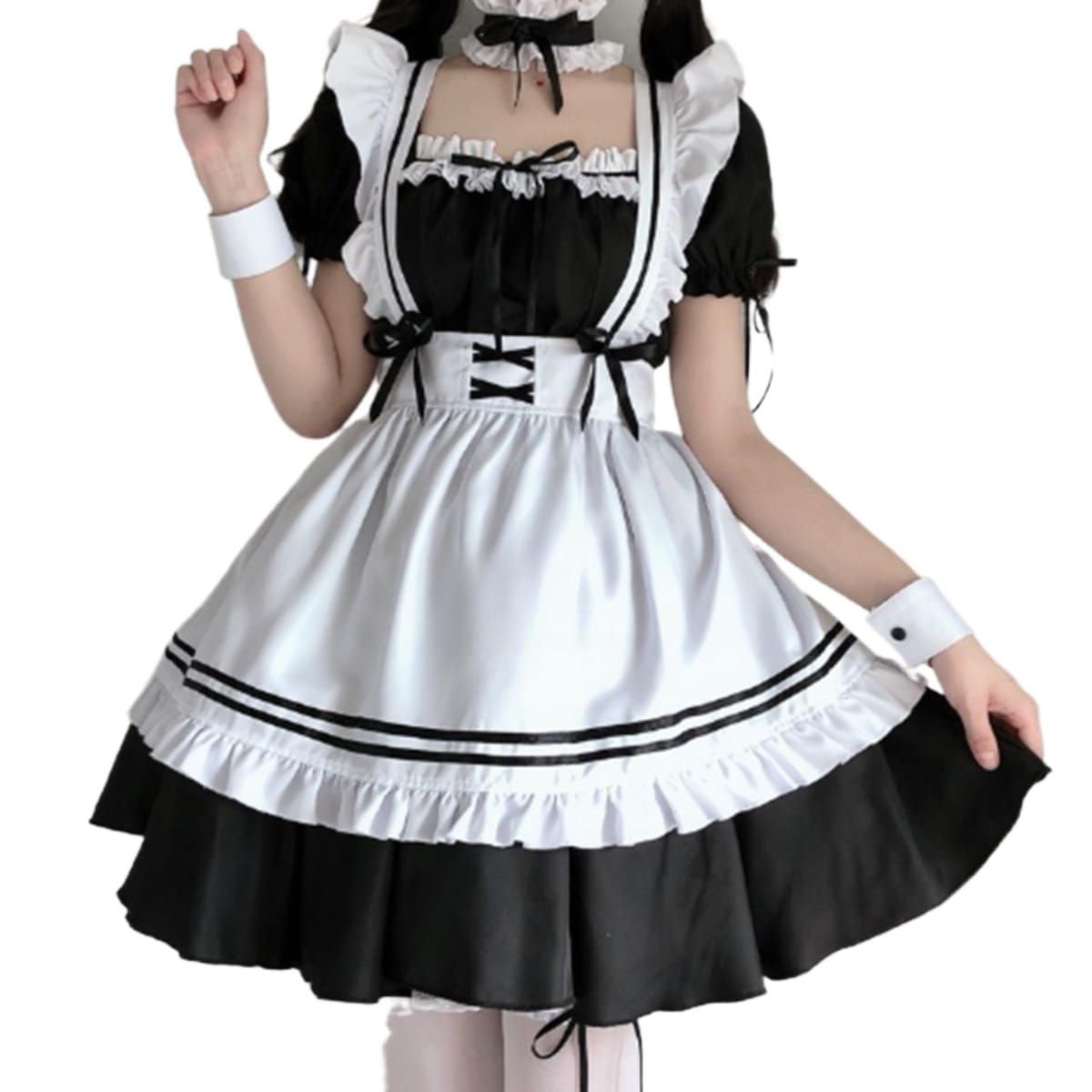 [CosMisty] メイド服 ブラック ゴスロリ コスプレ 衣装 人気 ワンピース ハロウィン 仮装 水色 可愛い ロリータ 半袖 蝶結び