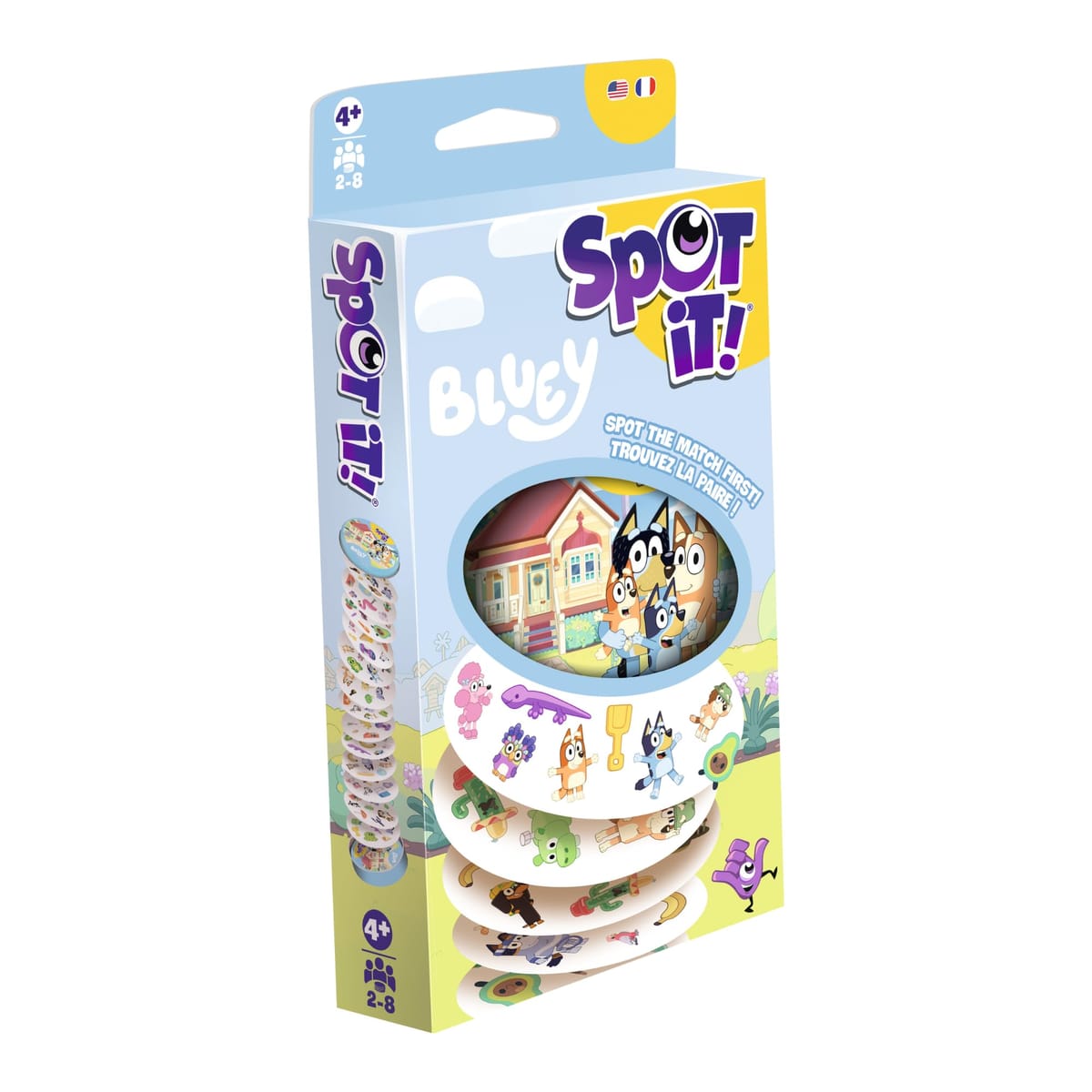 Asmodee Spot It!Blueyカードゲーム - ペースの速いマッチングゲーム Bluey&Friends、家族、子供、大人が楽しめる、対象年齢4歳以上、2-8人用、15分プレイ時間