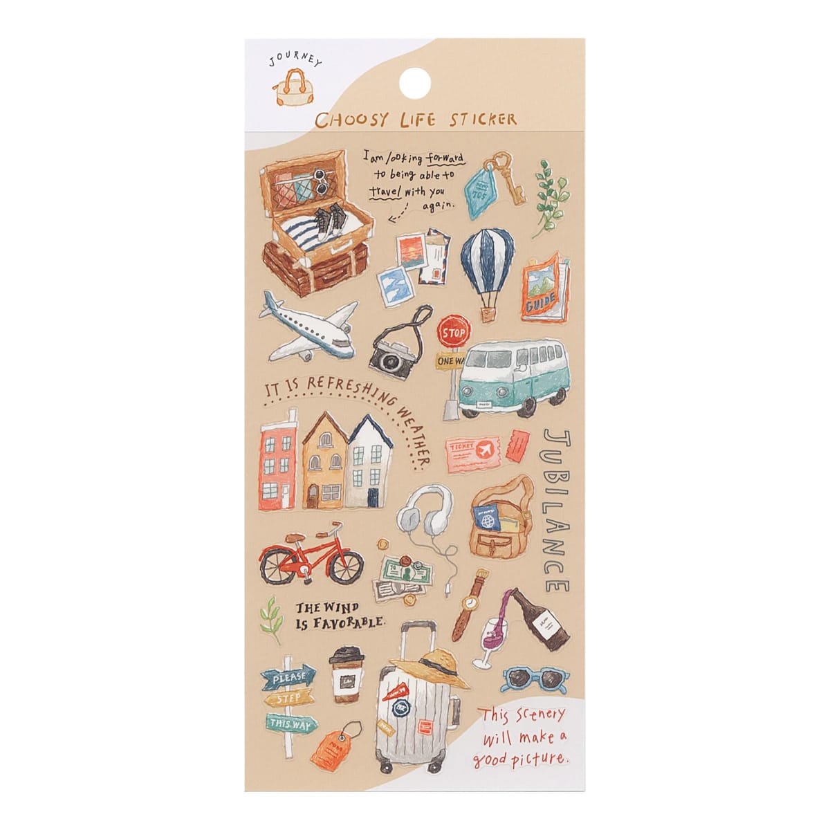 品番：82161 ボールペンで描いたようなタッチのイラストシールです。。ラフな塗りや文字が特徴で手書き文字と相性抜群。ダイアリーやノートのデコにおすすめのシールです。。。・素材:透明PET、マットニス。。サイズ：縦=200mm　横=90mm　。商品色傾向：茶色。。イラスト。表紙パターン：旅行。