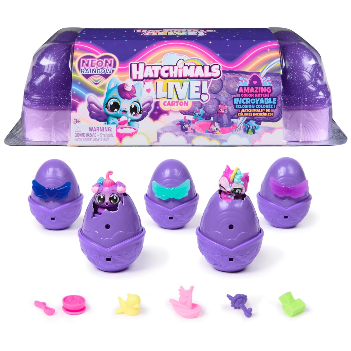Hatchimals Alive、ネオンレインボーエッグカートントイ ミニフィギュア5体、カラーリビールエッグ&アクセサリー11点、キッズトイ、3歳以上の女の子&男の子向け