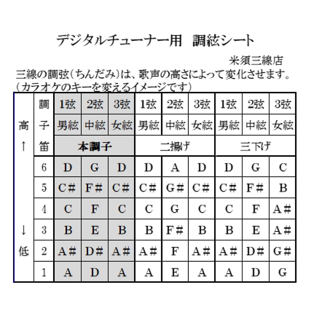 三線 クリップ式 チューナー 調弦シート付き