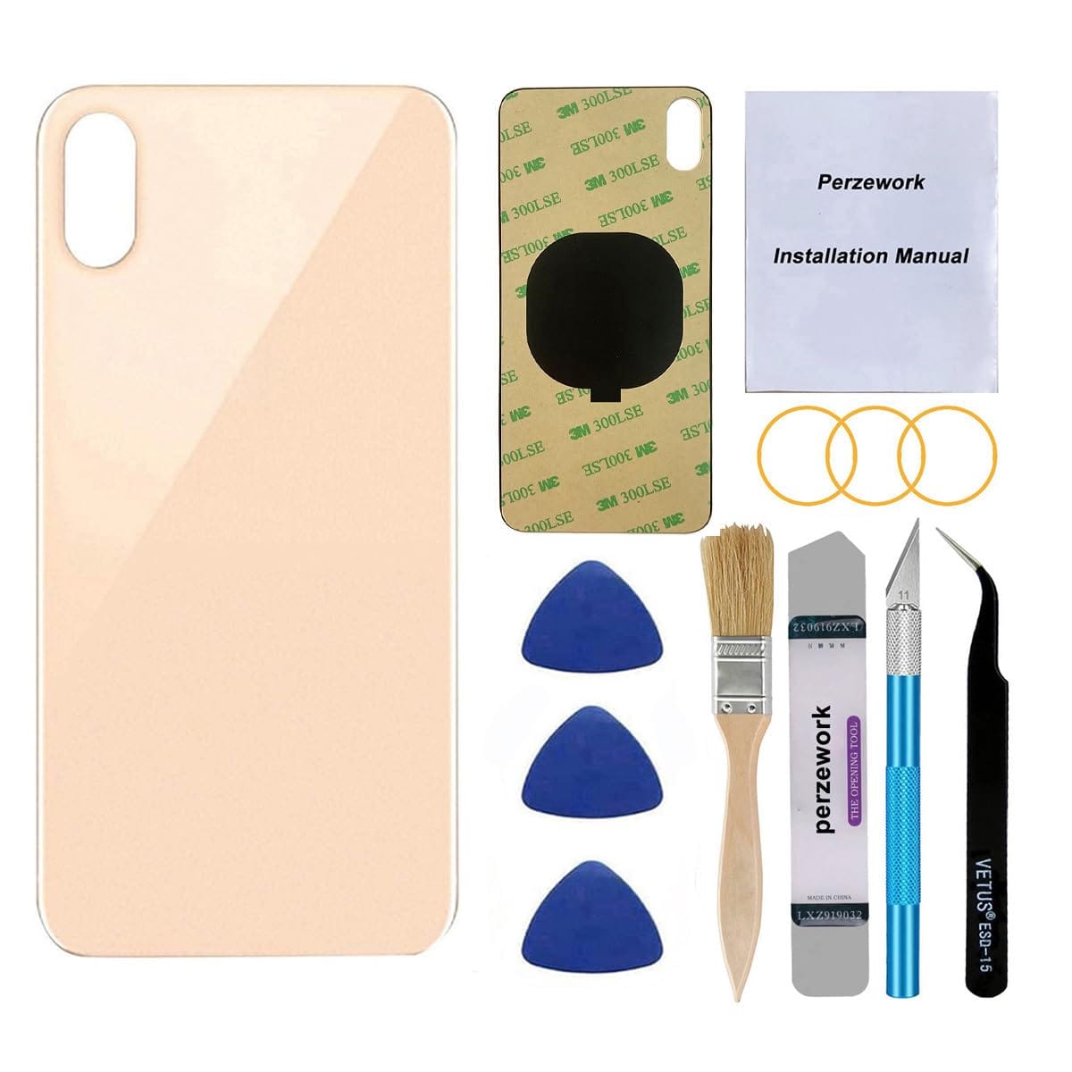 Perzework OEM リアバックガラス iPhone Xs 5.8インチ用 修理ツールキットと取り付け済み接着剤付き (ゴールド)