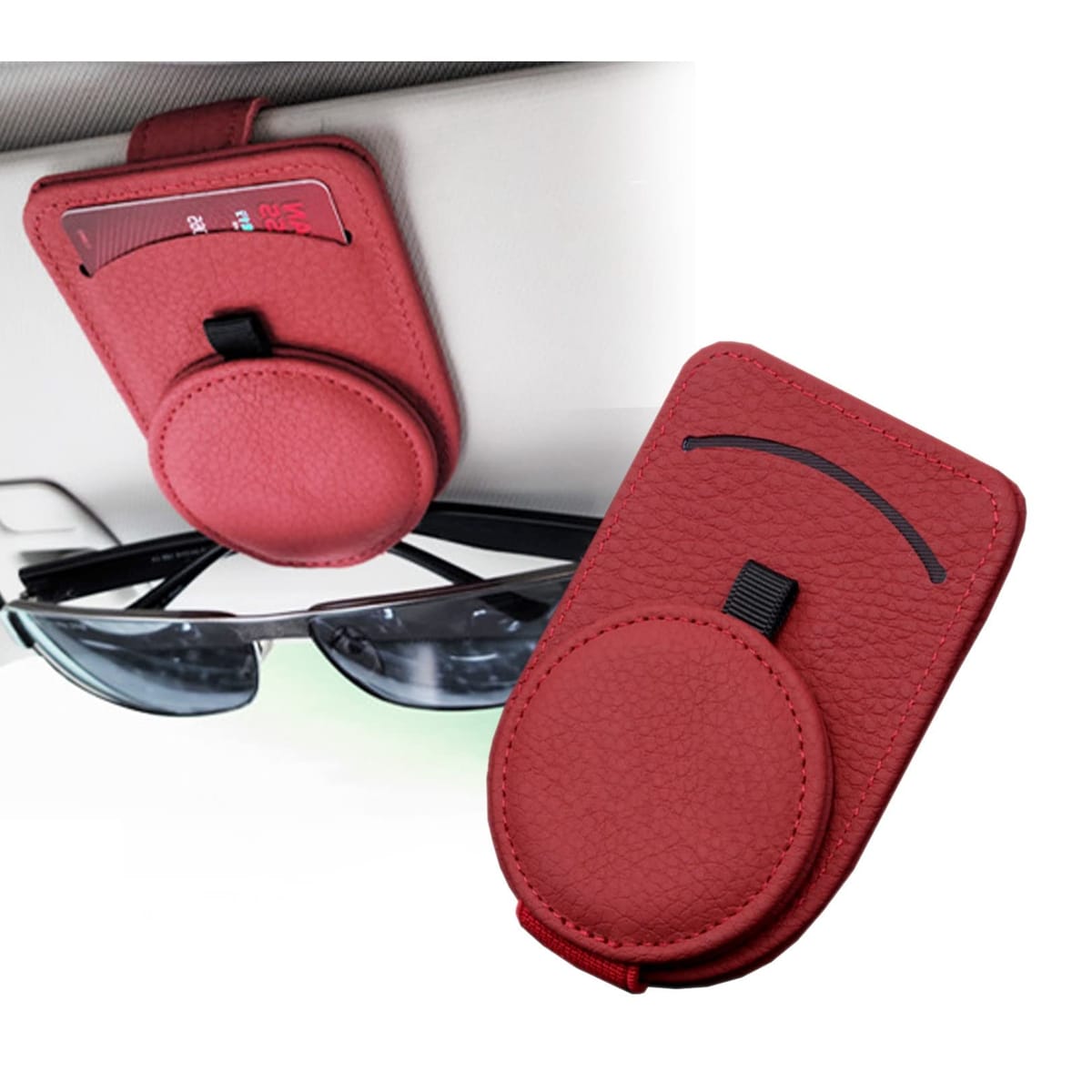 PIENSE 車用 サングラスクリップ 汎用 メガネホルダー 眼鏡 レザー サンバイザー カードポケット付き カー用品