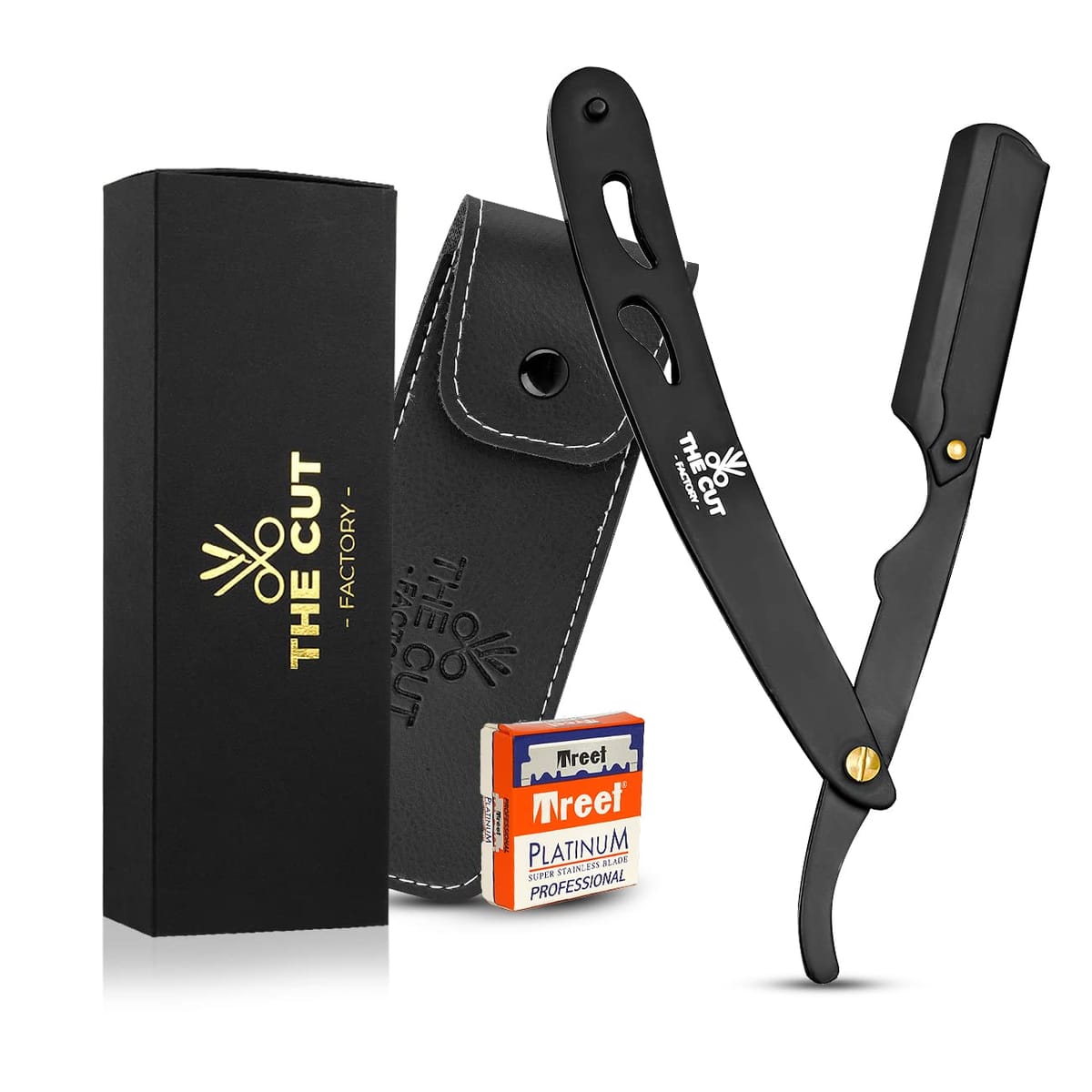 Bostti The Cut- Factory- Straight Razor with 100 Pack Platinum Treat Professional Barber Single Blade Edge Razors for Men for C