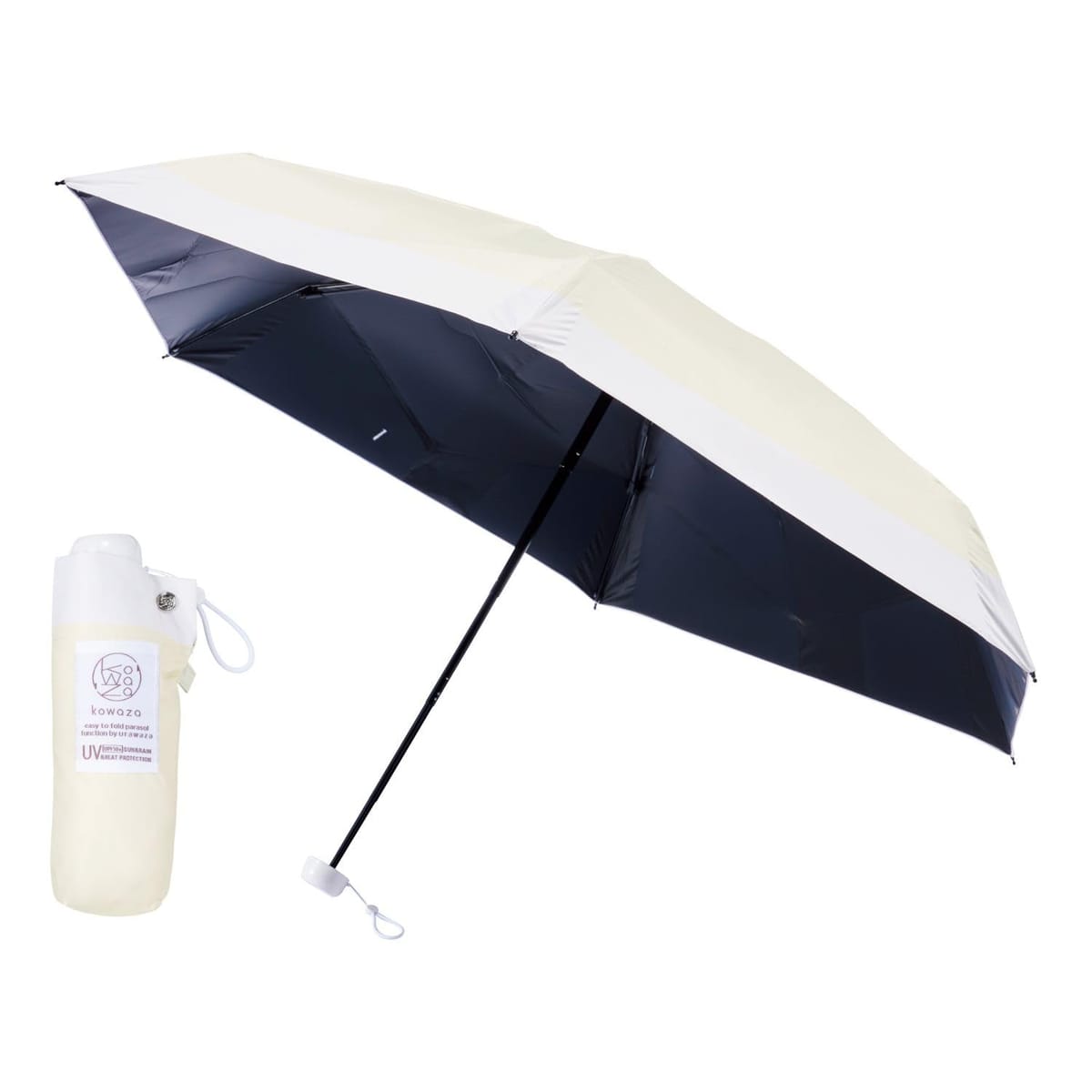 kowaza 日傘 畳みやすい 折りたたみ傘 遮光100% 遮熱 UVカット 形状記憶 形状安定 晴雨兼用 軽量 コワザ 手開き 簡単開閉 バイカラー ボーダー urawaza 親骨50cm 30289