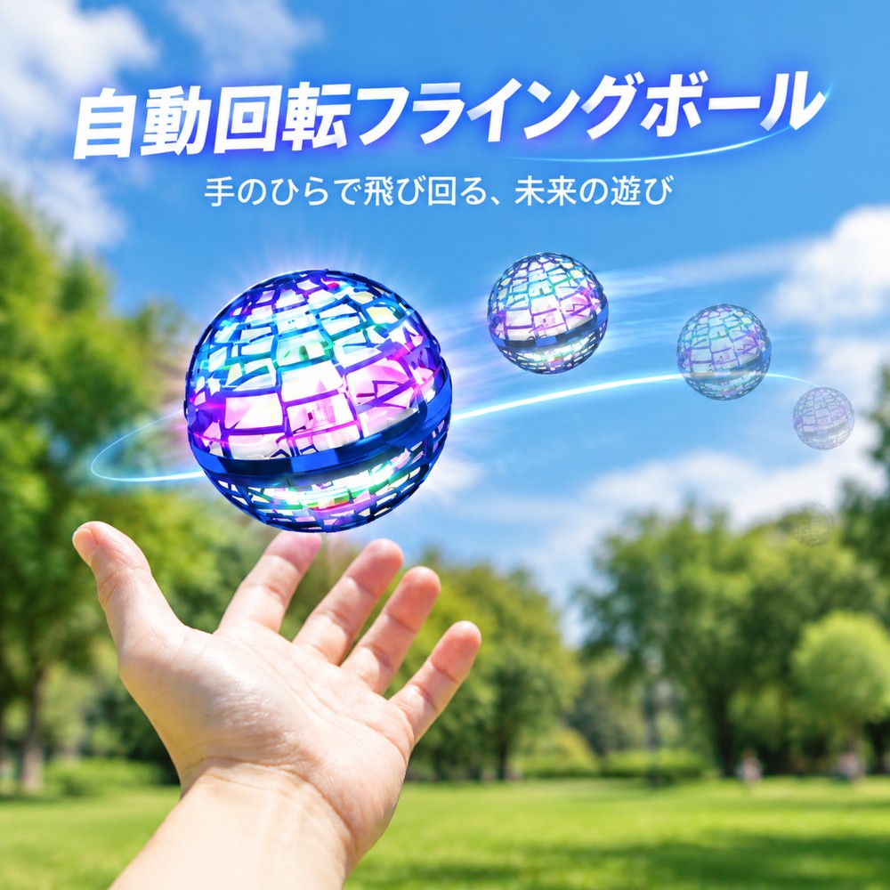 球体型でLEDライトを備えたフライングボール！TVでも紹介！ 【革新的な形状】 通常のドローンとは一線を画する、ボール型のデザイン。複雑な操作は不要で、新しい体験が待っています。 【鮮やかなLED装飾】 豊富なLEDライトが輝くことで、ドローンが空中で華麗に回転します。特に夜や暗闇ではその美しさが際立ちます。 【高品質な素材採用】 軽く、衝撃に強いポリプロピレン製で、家具や壁へのダメージを気にすることなく使用できます。 【USB充電で持ち運びも簡単】 充電時間は約25～40分で、約3～5分の飛行を楽しむことができます。USBによる充電なので、様々なデバイスからの充電が可能。アウトドアでも気軽に楽しむことができます。 【操作説明】 スタートは手軽 電源を入れてLEDが輝き始めたら、ボールを上に向けるだけ。