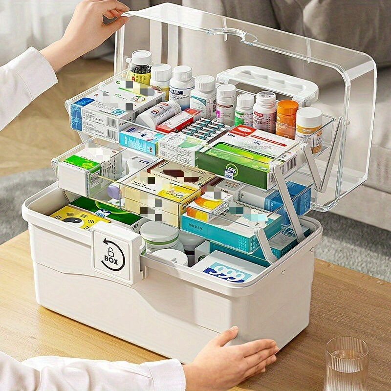 薬箱 大容量 3層 3段 収納ケース 収納ボックス 工具箱 透明 収納箱 取っ手付 折り畳み 携帯　便利　薬入れ 小物入れ 家庭用多機能雑貨収納ケース、キッチン・寝室・バスルームなどに最適なマルチパーパスストレージボックス