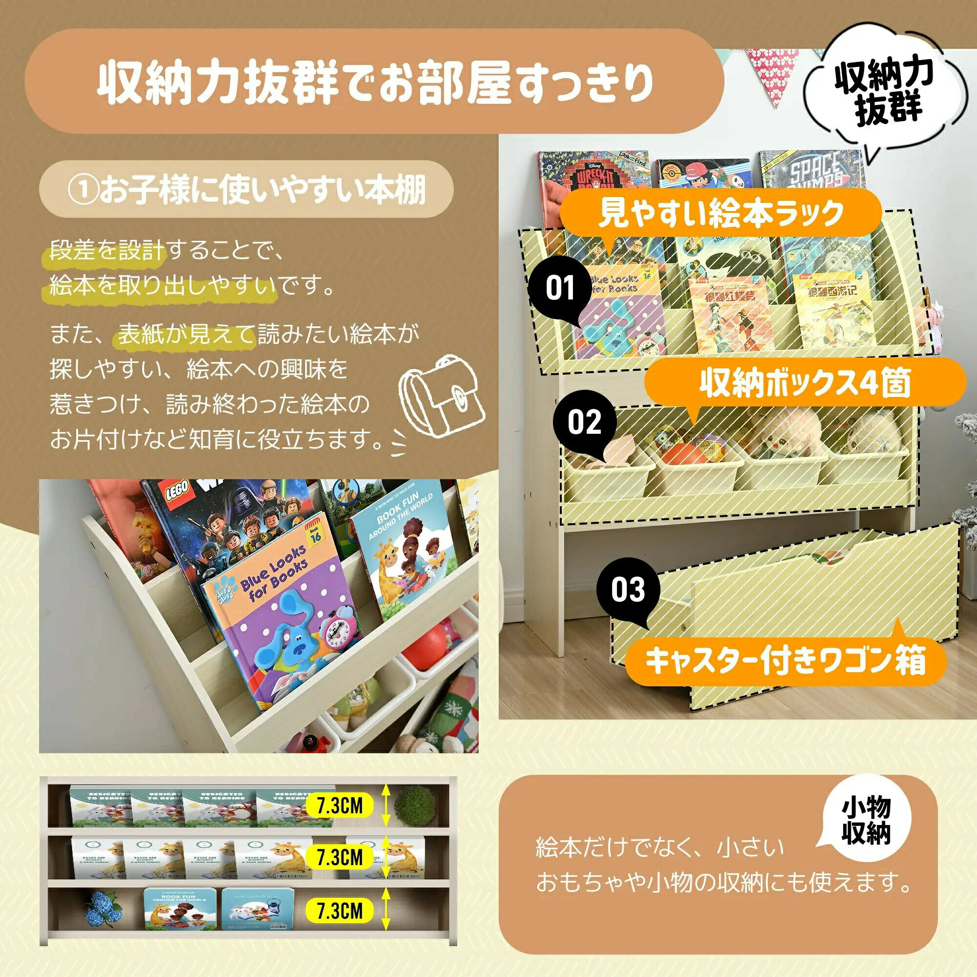 木製おもちゃ箱 大容量 絵本棚 絵本ラック 収納ボックス 収納ケース キャスター付き 子供用家具 入学 入園 出産祝いに最適 [3]