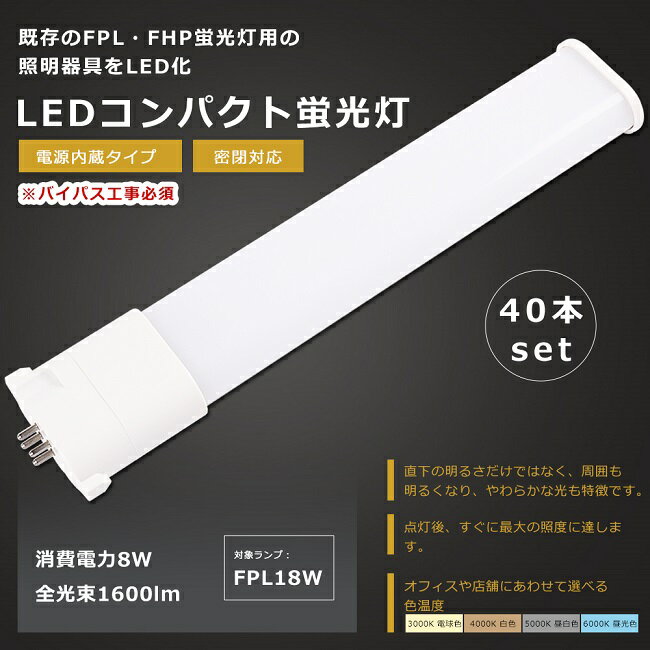 商品名 FPL18形 LEDコンパクト蛍光灯（40本セット） サイズ（約） 54*25*220mm 重量 約0.12kg 口金 GY10q 消費電力 8W 定格光束 1600lm 色温度 電球色3000K/白色4000K/昼白色5000K/昼光色6000K 照射角度 210° 入力電圧 100V/200V（50/60Hz） 演色性 ≧Ra85 材質 アルミニウム・PC 設計寿命 50000H 保証期間 1年 出荷日から1年間で何か故障が御座いましたら、無料で修理や交換をさせていただきます。 長寿命＆省エネ 50000Hの長寿命で、従来のコンパクト蛍光灯に比べ、交換作業が大幅に省けます。8Wの消費電力で従来の蛍光灯FPL18Wの明るさを提供でき、省エネ性に優れています。 即時点灯 点灯遅延なし。電源を入れる瞬間、明るくなれます。 チラツキなし LED照明は内部で直流へ変換するためチラツキがほとんど無いです。目に優しい照明です。 高演色性Ra85以上 高演色で照らされた物が目に見える色を再現できます！インテリアには照明に対する要求が大満足です。 電磁波ノイズ対策済み 国際ノイズ規格のCISPR15に準拠、病院などノイズ対策必要な場所にもご満足いただけます。 注意事項 ・お使いの器具がグロー式の場合は、工事不要でグロー球を外すだけでご使用いただけます。 直結工事をしても取り付けが可能 ・グローランプの付いていないインバーター（電子安定器）方式の場合は、直結工事が必要です。 最寄りの電気店にご相談ください。 ・工事をする場合は専門の業者に頼んでください。 アフターサービス ■商品についてご不明点や質問などがありましたら、お気軽にお問合せください。年中無休にてお客様のお問合せに対応いたします。 関連キーワードLED コンパクト蛍光ランプ fpl18ex-n fpl18exn fpl18ex-n パナソニック fpl18ex-d fpl18ex-n 三菱 fpl18ex-l fpl18 fpl18ex led fpl18exl ledFPL13形FPL13EX LEDコンパクト蛍光灯 ダウンライト 3波長形電球色 白色 昼白色 昼光色 FPL13形 FPL13形交換用 GY10Q-1 GY10q-2 GY10q-3 GY10q-4 GY10q-6 ツイン蛍光灯 コンパクト形蛍光ランプ BB・1 日立 パラライト FPL13EX-D FPL13EXL FPL13EXW FPL13EXN FPL13EXD ledに変えるには お部屋を明るく エコ 防塵 防虫 耐震 割れにくい 電磁波なし ノイズなし、チラツキなし 明るさ 長寿命 天井照明 洗面所 省エネ シンプル 電気 おしゃれ 2本 4本 8本 10本 12本 20本 30本 50本 60本 100本 25本 関 連 商 品 は こ ち ら関 連 商 品 は こ ち ら お 得 な セ ッ ト 商 品 は こ ち ら 単品販売 2本セット 4本セット 10本セット 20本セット 50本セット 100本セット 商品名 FPL18形 LEDコンパクト蛍光灯（40本セット） サイズ（約） 54*25*220mm 重量 約0.12kg 口金 GY10q 消費電力 8W 定格光束 1600lm 色温度 電球色3000K/白色4000K/昼白色5000K/昼光色6000K 照射角度 210° 入力電圧 100V/200V（50/60Hz） 演色性 ≧Ra85 材質 アルミニウム・PC 設計寿命 50000H 保証期間 1年 出荷日から1年間で何か故障が御座いましたら、無料で修理や交換をさせていただきます。 長寿命＆省エネ 50000Hの長寿命で、従来のコンパクト蛍光灯に比べ、交換作業が大幅に省けます。8Wの消費電力で従来の蛍光灯FPL18Wの明るさを提供でき、省エネ性に優れています。 即時点灯 点灯遅延なし。電源を入れる瞬間、明るくなれます。 チラツキなし LED照明は内部で直流へ変換するためチラツキがほとんど無いです。目に優しい照明です。 高演色性Ra85以上 高演色で照らされた物が目に見える色を再現できます！インテリアには照明に対する要求が大満足です。 電磁波ノイズ対策済み 国際ノイズ規格のCISPR15に準拠、病院などノイズ対策必要な場所にもご満足いただけます。 注意事項 ・お使いの器具がグロー式の場合は、工事不要でグロー球を外すだけでご使用いただけます。 直結工事をしても取り付けが可能 ・グローランプの付いていないインバーター（電子安定器）方式の場合は、直結工事が必要です。 最寄りの電気店にご相談ください。 ・工事をする場合は専門の業者に頼んでください。 アフターサービス ■商品についてご不明点や質問などがありましたら、お気軽にお問合せください。年中無休にてお客様のお問合せに対応いたします。 関連キーワードLED コンパクト蛍光ランプ fpl18ex-n fpl18exn fpl18ex-n パナソニック fpl18ex-d fpl18ex-n 三菱 fpl18ex-l fpl18 fpl18ex led fpl18exl led 電球色 fpl13ex-n FPL27EXL FPL27EXW FPL27EXN FPL27EXD FHP23EL FHP23EW FHP23EN FHP23ED FPL32EXL FPL32EXW FPL32EXN FPL32EXD FPL45 FPL55EX FHP45 FPL13形LED コンパクト蛍光ランプ FPL13 FPL13EX LEDコンパクト蛍光灯 ダウンライト 3波長形電球色 白色 昼白色 昼光色 FPL13形 FPL13形交換用 高天井用led照明 工場用led照明 交換 GX10q-1 GX10q-2 GX10q-3 GX10q-4 GX10q-6 パナソニック ツイン蛍光灯　ツイン1（2本ブリッジ） FG-1E FG-1P FE7E FE1E GX10q-2 三菱電機 MITSUBISHI ELECTRIC コンパクト形蛍光ランプ BB・1 日立 パラライト ホタルクス NEC カプル1 FPL13EX-L FPL13EX-W FPL13EX-N FPL13EX-D FPL13EXL FPL13EXW FPL13EXN FPL13EXD ledに変えるには お部屋を明るく エコ 防塵 防虫 耐震 割れにくい 電磁波なし ノイズなし、チラツキなし 明るさ 長寿命 天井照明 洗面所 省エネ シンプル 電気 LED照明 おしゃれ fpl32ex-n led化 ledコンパクト蛍光灯 fpl36ex-n 3波長形昼白色 蛍光灯 ledに変えるには 18w FPL型交換用コンパクト 元FPL36Wより fpl32ex-n パナソニック 三菱 fpl32ex-n 交換 fpl蛍光灯 LEDコンパクト蛍光管 fplコンパクト蛍光灯 fpl蛍光灯 LEDコンパクト形蛍光灯 fpl32w形 fpl32ex 代替用LED蛍光灯 蛍光灯器具 led led蛍光灯器具セット gy10q FPL36形 fpl 代替用LED蛍光灯 hfツイン1 ツイン1蛍光灯 工事不要 led蛍光灯 ツイン18w FPL/FHP蛍光灯代替