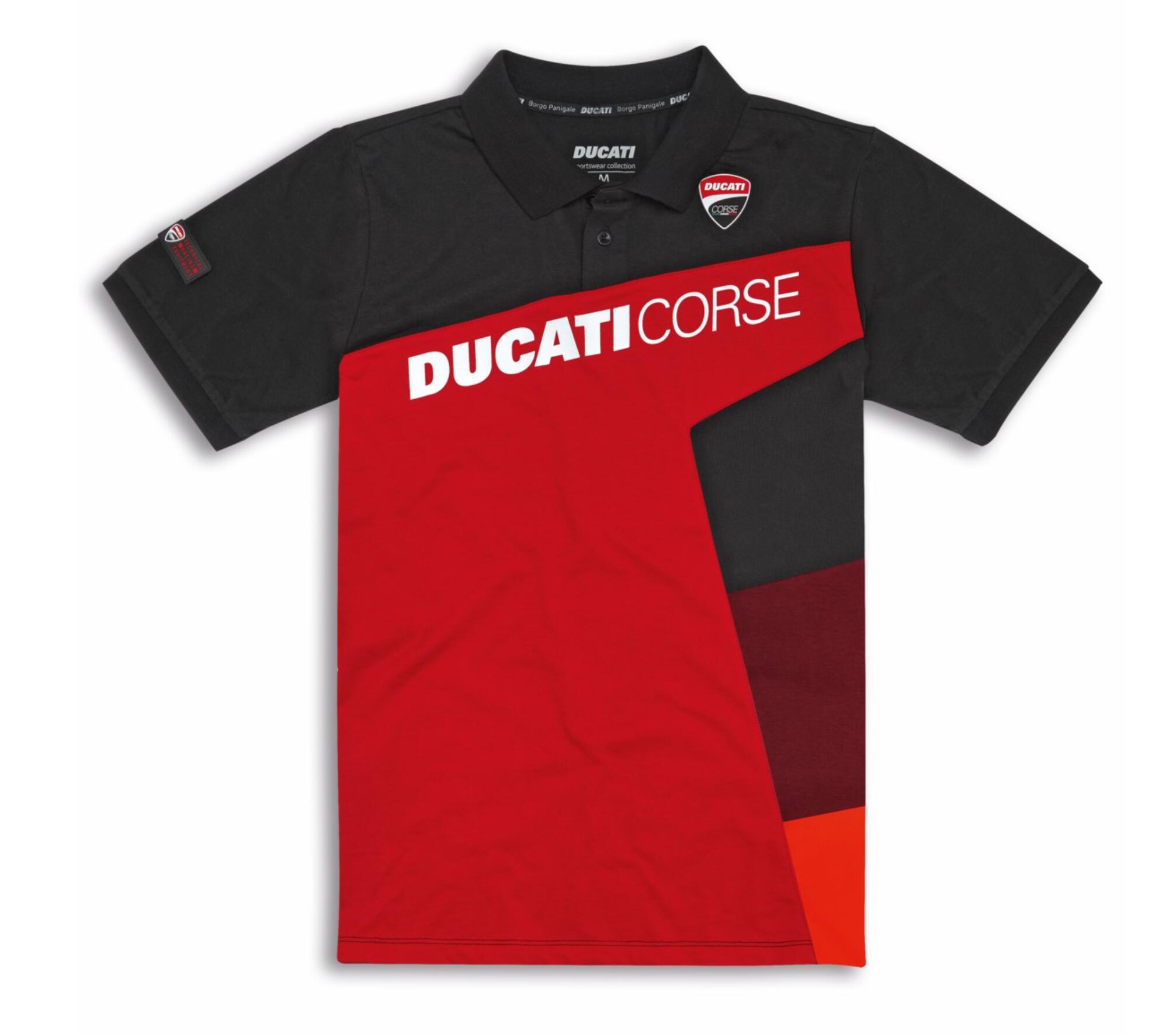 《Ducati Corse Sport RED ショートスリーブポロシャツ 98770535》ドゥカティアパレル 正規品 用品 Corse コルセ ポロシャツ 半袖 男女兼用 Mサイズ Lサイズ XLサイズ レッド ブラック