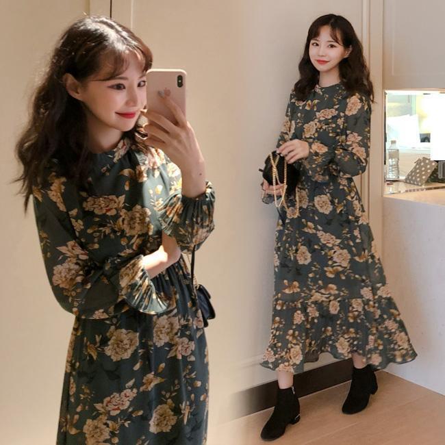 花柄ワンピース ロング ワンピース 秋 レディース シフォンワンピース 長袖 マキシワンピース 花柄 長袖ワンピース 春 レトロ ミモレワンピース