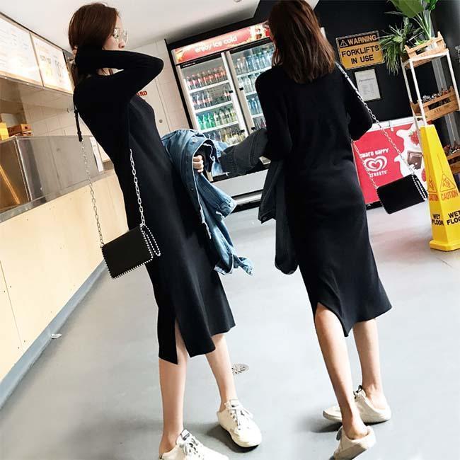 ニットワンピ 薄手 レディース ワンピース 長袖 ロングワンピ Vネック スリムワンピース 黒 タイトワンピース リブ ニット 着痩せ 通勤