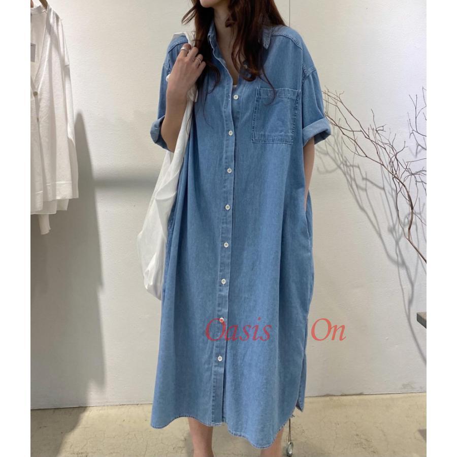 シャツワンピース レディース きれいめ デニムワンピース 夏 半袖コート 無地 薄手 オシャレ韓国風 大人ゆったり カジュアル 通勤OL