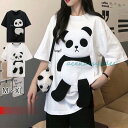 tシャツ レディース 半袖 カットソー Tシャツ パンダ柄 ビッグTシャツ ラウンドネック ゆったり 異素材 可愛い 春 夏おしゃれ
