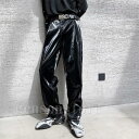 モード系 レザー ワイドパンツ メンズ エナメル 光沢感 スラックスタイプ メンズ ストレート バイカーパンツ かっこいい パンク ロック V系 フェス 舞台衣装