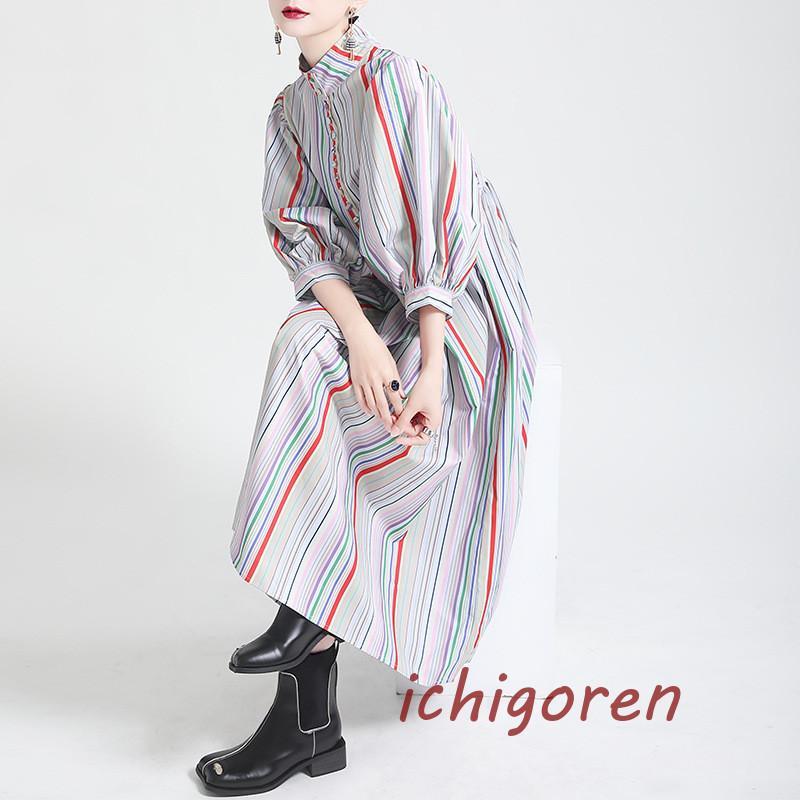 ワンピース マルチストライプ シャツワンピース ロング 春 夏 レディース ハイネック ロングワンピース..
