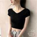Tシャツ 半袖 レディース スリムTシャツ 白 ヘソ出し 半袖Tシャツ 黒 へそ出し カットソー Vネック 女性 タイトTシャツ 無地 夏 おしゃれ