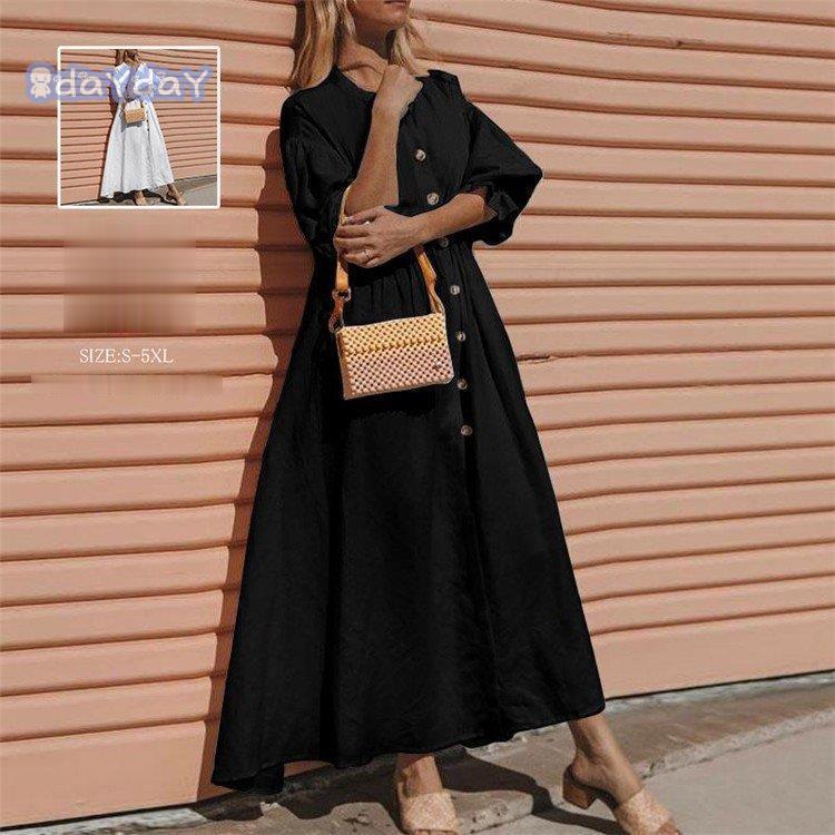 ワンピース ロングワンピース ワンピ レディース 膝下 ロングワンピ 5分袖 パフスリーブ Vネック フレア フリル ギャザー 可愛い 森ガール 体型カバー オシャレ