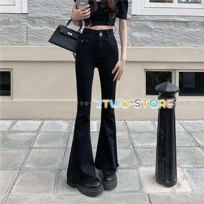 カジュアルパンツ デニムパンツ パンツ レディース フレア ハイウエスト ラッパパンツ ラッパ スラックス デニム 着回し ファッション デザイン
