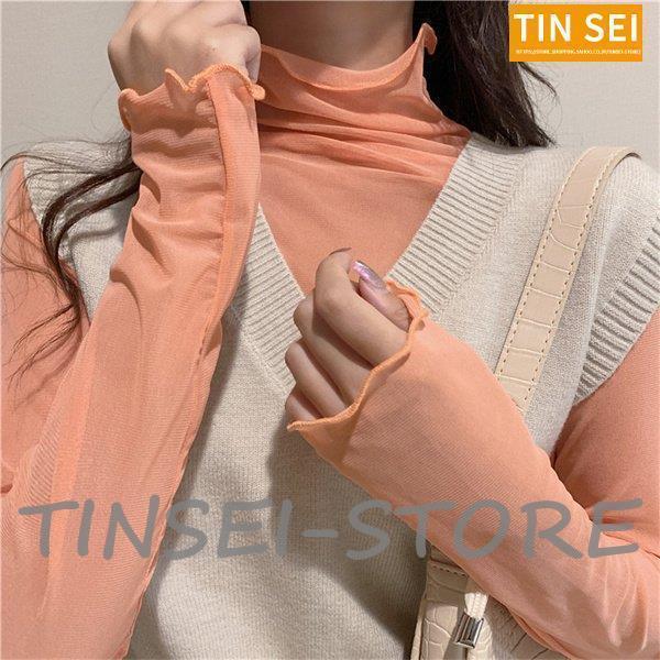 シアートップス フリル カットソー レディース レース インナー シャツ ハイネック タートルネック 透け感 重ね着 長袖 薄手 ブラウス チュール