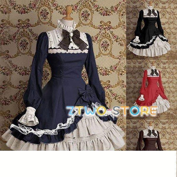 洋服 長袖 ロリータ 姫系 かわいい 安い ゴスロリハイネック ラッパそで 色をつづる リボンワンピース ..