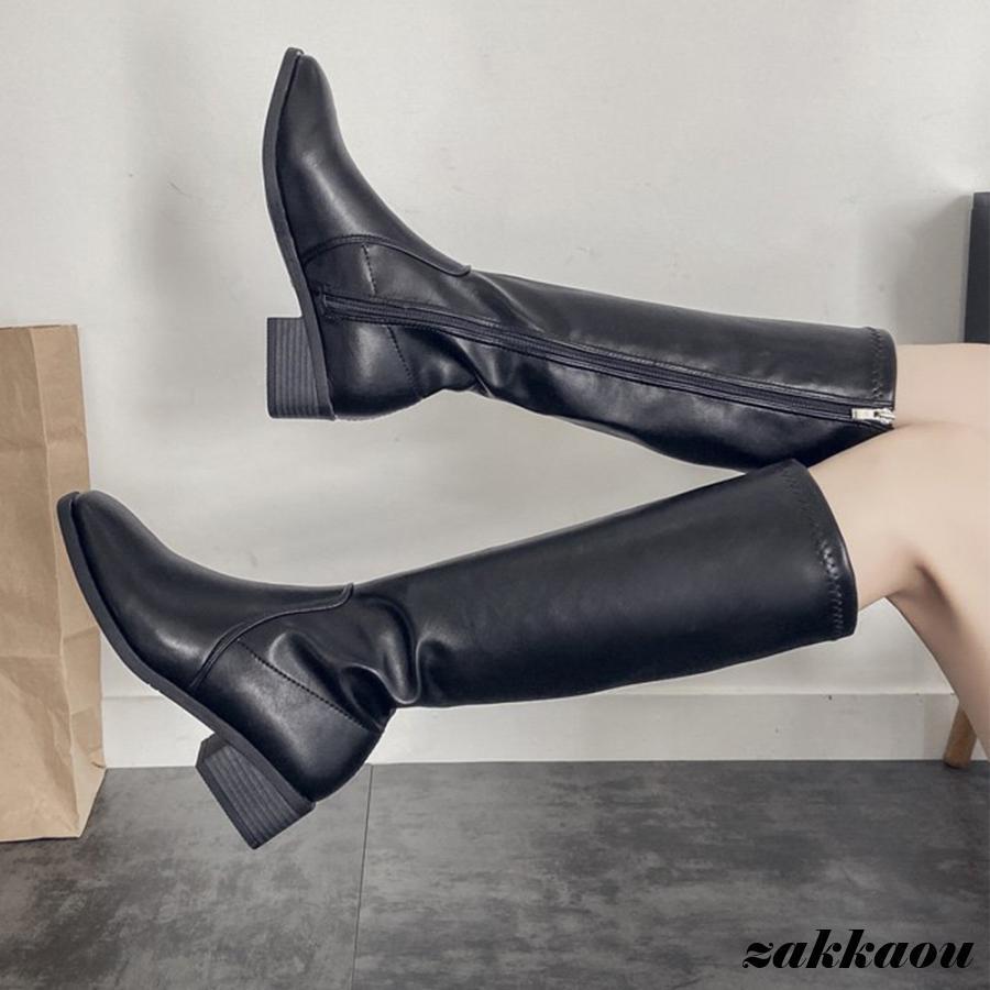 ニーハイブーツ レディース ロング丈 スクエアトゥ ローヒール 合皮 レザー調 春秋冬 美脚 大人 3