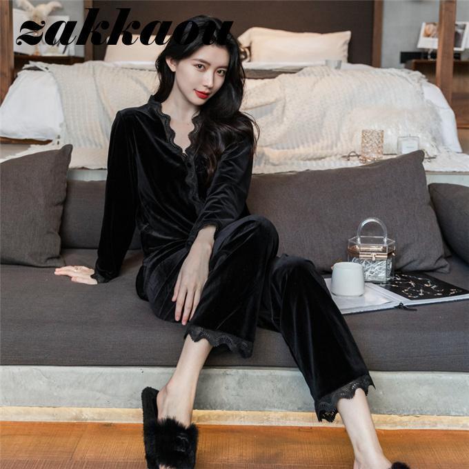 パジャマ レディース 上下セット 秋冬 長袖 ルームウエア オシャレ 寝巻き ゆったり 前開け レース ベロア 楽チン パンツ トップス 入院