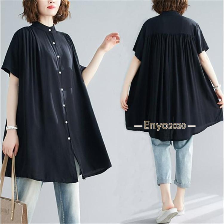 樂天商城 - チュニック シャツワンピース ロングシャツ レディース 半袖 春 夏 チュニックシャツ 大きいサイズ 無地 おしゃれ ロングワンピー Aライン 体型カバー 折襟