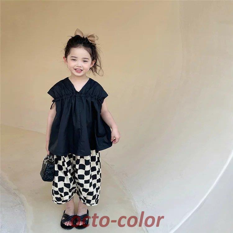 子供服 セットアップ 女の子 夏服 九分ズボン ブラック半袖 可愛い レジャー 2点セット キッズ セットアップ 普段着 通学着 女の子 ファッション 結婚式 同窓会