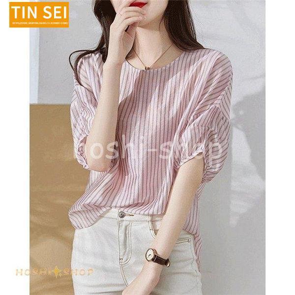 ブラウス レディース 夏 半袖 おしゃれ シフォンブラウス パフスリーブブラウス ストライプ柄 五分袖トップス 韓国風 通勤 ゆったりtシャツ 30代 40代